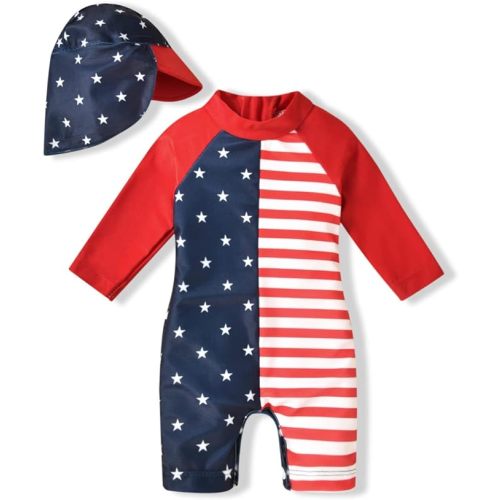 Aalizzwell Baby Girls Long Sleeve One Piece Bathing Suit with Hat - 6-12 Months - American Flag