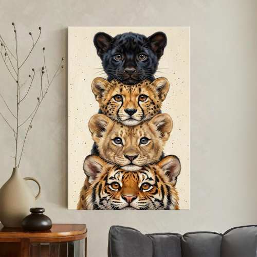 Baby Jungle Animal Art Canvas Print, Safari Nursery Decor, Tiger Lion Cheetah Panther Wall Art, Kids Room Decor, Cute Big Cat Portraits