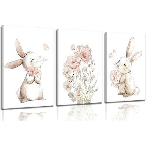 Grengel Pink Girl Nursery Bunny Canvas Wall Art Cute Rabbit Wildflowers Painting Pictures Wall Decor Botanical watercolor Flower Poster printing artwork For Baby Boys and Girls Playroom paintings