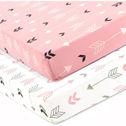 Stretchy Fitted Crib Sheets Set BROLEX 2 Pack Portable Crib Mattress Topper for Baby Girls Boys,Ultra Soft Jersey,Full Standard,Pink & White Arrow