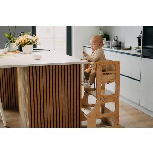 4-in-1 foldable Montessori wooden high chair transformable toddler tower converting to kids desk and chair set kitchen tower for kids