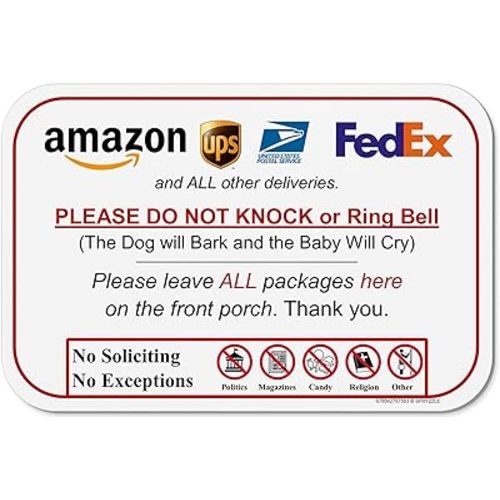Leave Packages Sign - Do Not Knock or Ring Doorbell, Dog will Bark & Baby will Cry, 6" x 9" No Rust PVC, Will Not Scratch, Easy to Mount with Included Adhesive, Made in USA by SPRYZZLE