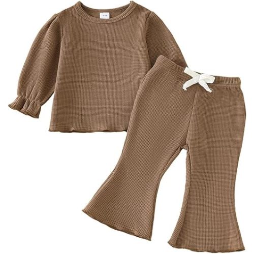 Baby Girl Fall Outfit Toddler Girl Winter Clothes Baby Lantern Sleeve Tops and Flared Pants 2pcs Waffle Clothing Set