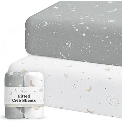 Crib Sheets Neutral - Fitted Baby Crib Sheets Bed for Girl Boy - 2 Pack Standard & Toddler Mattress (Galaxy, Moon, and Stars) - Buttery Soft Organic Cotton Blend