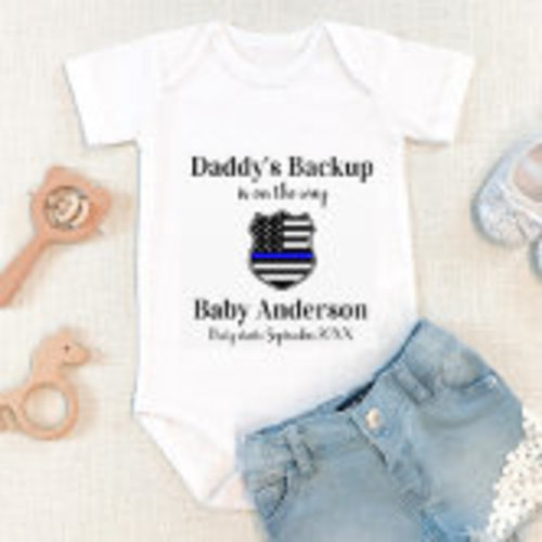 mommy & daddy's backup Thin Blue Line Police Baby Bodysuit | Zazzle