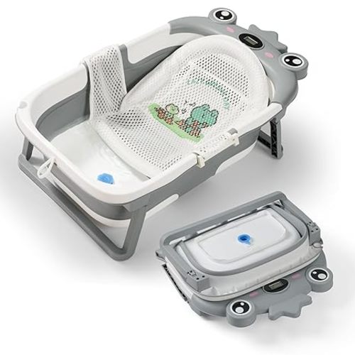Baby Bathtub,Collapsible Baby Bath Tub with Soft Cushion & Thermometer, Space Saving Foldable & Travel Newborn Bathtub for Infant to Toddler 0-36 Months, Frog Gray