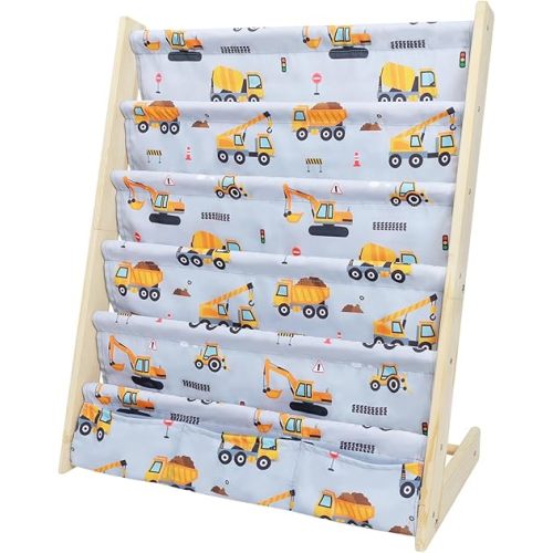 Kids Bookshelf 5 Tier Wooden Toy and Book Storage Organizer 3 Pockets Toddler Sling Book Rack with Deep Sleeves for Boys Playroom Nursery Bedroom (Excavator)