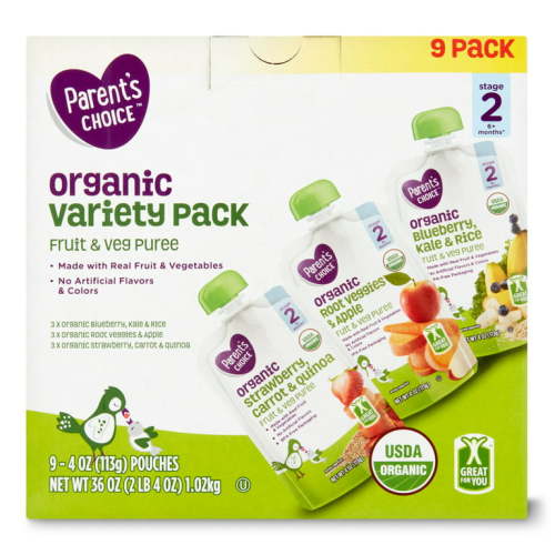 Parent's Choice Organic Fruit & Veggie Puree Stage 2 Baby Food, Variety Pack, 4 oz Pouch, 9 Count