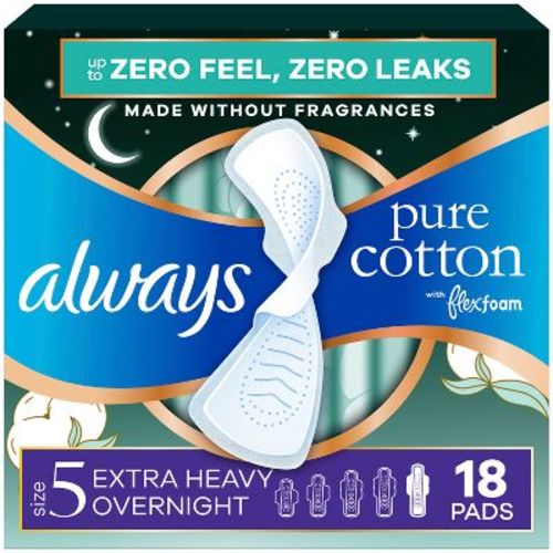 Always Extra Heavy Overnight Pure Cotton Pads with Wings - Size 5 - 18ct