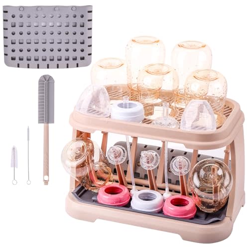 DIJIAMEIYA Baby Bottle Drying Rack:Space Saving Standing Drying Rack for Baby Bottles and Pump Part Cleaning,be Equipped with Bottle Brush(Pink Lotus Root)