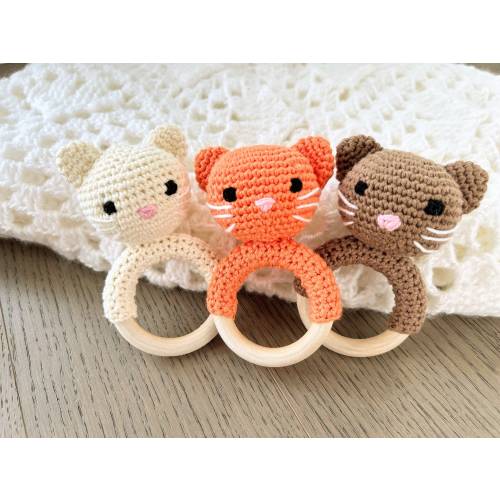 Crochet Cat Rattle – Handmade Baby Toy – Natural Wooden Ring – With Bell – Made in Canada