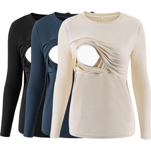 Liu & Qu Women's Nursing Tops Ribbed Long Sleeves Maternity Shirts Double Layer Breastfeeding Shirts Pregnancy Clothes 3 Pack