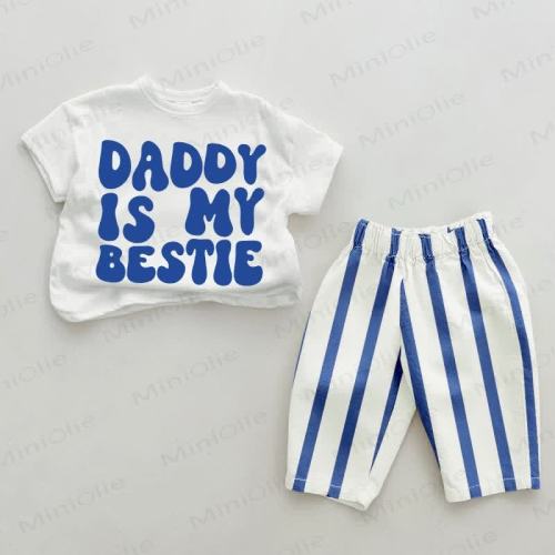 DADDY IS MY BESTIE Baby Blue Vertical Striped 2-piece Set