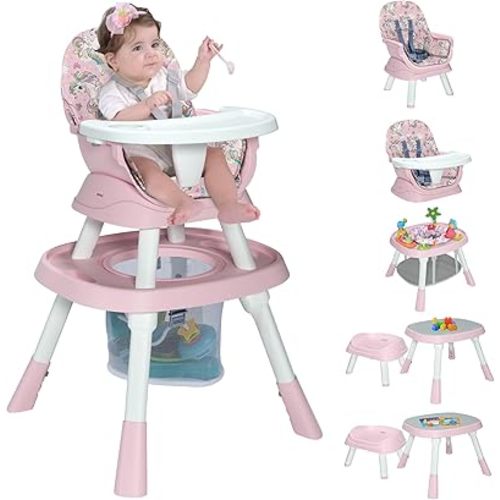 Baby High Chair with Activity Center,10-in-1 Convertible High Chairs for Babies and Toddlers with Baby Toys,Building Block Table and Chair Set,Highchair for Ages 6-120 Months,Pink