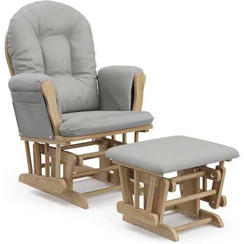 Storkcraft Premium Hoop Glider and Ottoman (Natural/Light Gray) – Padded Cushions with Storage Pocket, Smooth Rocking Motion, Easy to Assemble, Solid Hardwood Base
