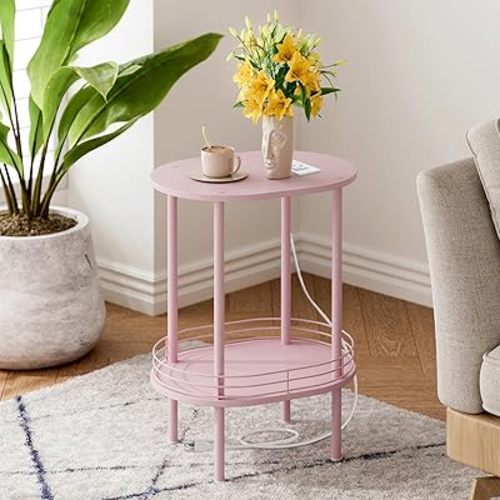 Small Round Side Table with Charging Station,Bedside Table with 2 USB Ports and Outlets, Morden Round Nightstand, Samll Side Table for Living Room,Bedroom, Nursery, Laundry, Pink
