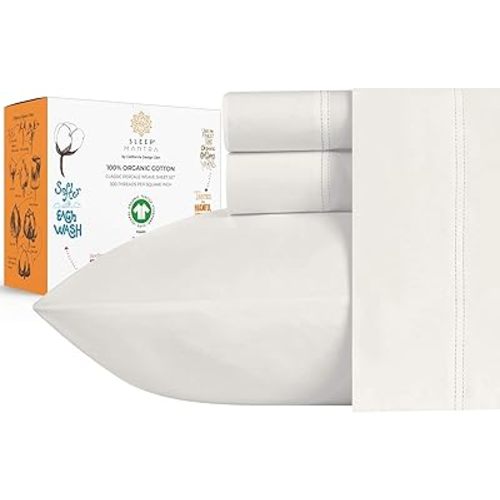 Sleep Mantra Premium 100% Organic Cotton King Bed Sheet Set - Soft & Cooling Percale Weave - 4 Piece Bedding Set with Deep Pocket - GOTS Certified - Breathable & Eco-Friendly (King, Ivory)