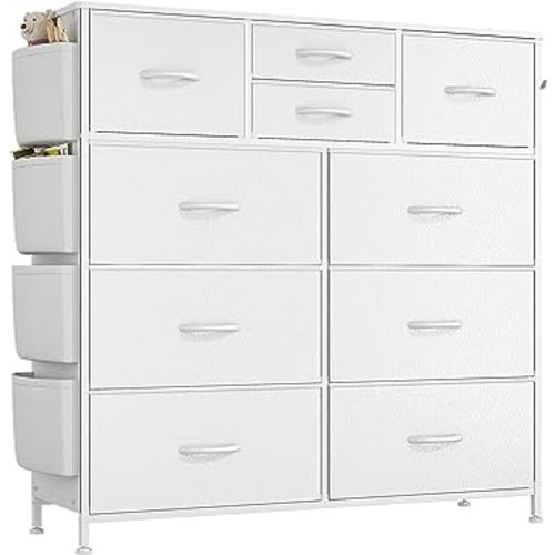 White Dresser for Bedroom, Bedroom Dressers & Chests of Drawer, White Closet Fabric Dressers, 10 Drawers Dresser w/Side Pockets, Hooks, Dresser Storage Organizer for Hallway, Entryway, Kids Room