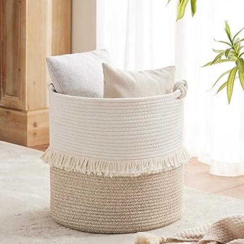 Woven Rope Storage Basket, Baby Nursery Hamper for Toy and Clothes, Decorative Blanket Basket with Knot Handles and Tassel, Boho Laundry Hamper for Living Room, 15.7" x 16.9", White & Brown