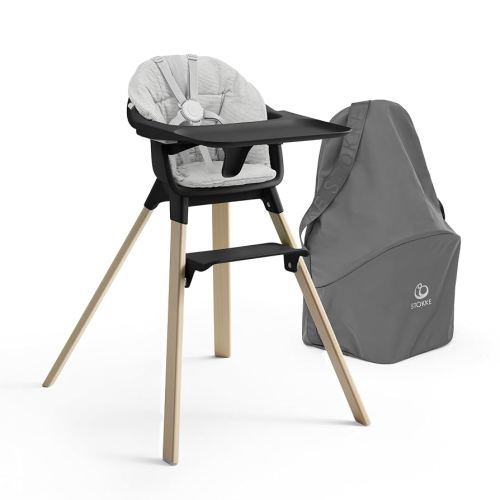 Stokke Clikk High Chair (Black/Natural) with Clikk Cushion (Nordic Grey) + Travel Bag - Includes Tray & Harness - Light, Durable & Travel Friendly - Best for 6-36 Months or Up to 33 lbs