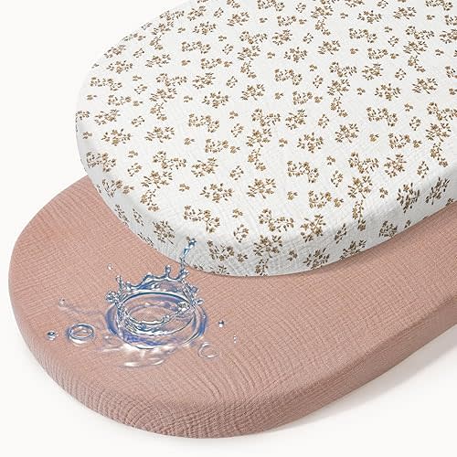 Baby Bassinet Sheets TPU Waterproof 2 Pack Soft Muslin Bedside Bassinet Mattress Sheets with Bottom Elastic Band for Baby Boy Girls Unisex Fit Hourglass Oval and Rectangle, Brown Flowers