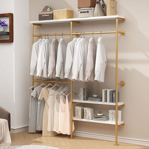HOMEKAYT Industrial Pipe Clothes Rack with Shelves, Gold Clothing Rack Wall Mounted Heavy Duty Multi-Purpose Storage Clothes Hanging Shelf - 70.8''L Gold