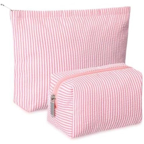 2 Pieces Makeup Bag Set Cute Cosmetic Pouch for Women Seersucker Travel Toiletry Bag Preppy Small Makeup Purse Pouch Aesthetic Skincare Brushes Storage Organizer for Christmas Women(Rose Pink)