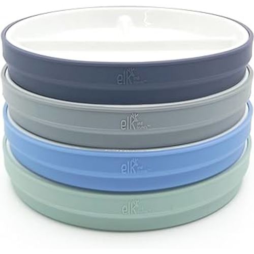 Elk and Friends 6.7" Kids Porcelain White Plates with Silicone Sleeves | Divided Plates | Suitable for Kids/Toddlers | Microwave & Dishwasher Safe | Non Slip | Snack Dishes