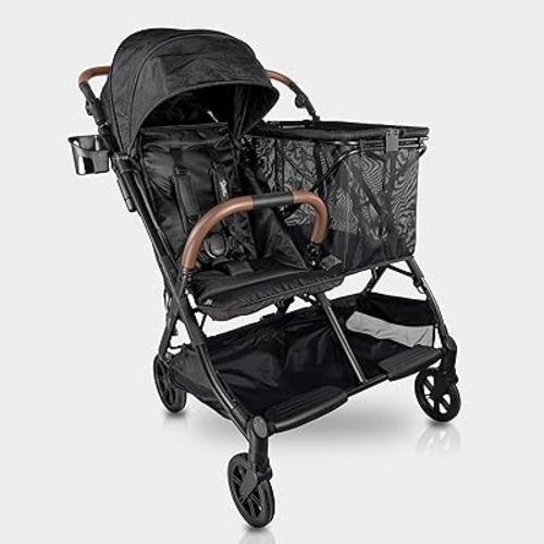 Strolee Baby+ v2 Multi Use Baby & Toddler Stroller & Removable Personal Shopping Bag Lightweight Alternative for Wagon Strollers -Near Flat Recline, X-L Canopy, Parent Cup Holder (v2 Black)