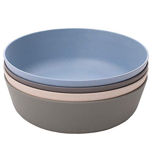 WeeSprout Bamboo Kids Bowls, Set of Four 15 oz Kid-Sized Dinnerware, Cereal, Leftovers & Snack Bowl, Dishwasher Safe (Blue, Green, Gray, & Beige)