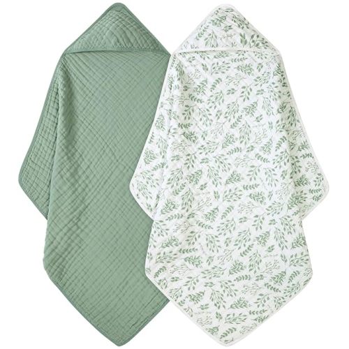 Baby Bath Towels, 100% Muslin Cotton Hooded Baby Towels for Newborn, 2 Pack Baby Towels with Hood for Infant Toddler and Kids, Large 32x32Inch, Soft and Absorbent - White Leaf & Green - 32*32 Inch (2 Pack)