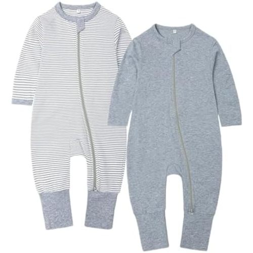 BeiVSlley 2-Pack Baby Cotton Romper Onesies Long Sleeve Zipper Jumpsuit Solid Outfit 3-24M (Boy/Girl)