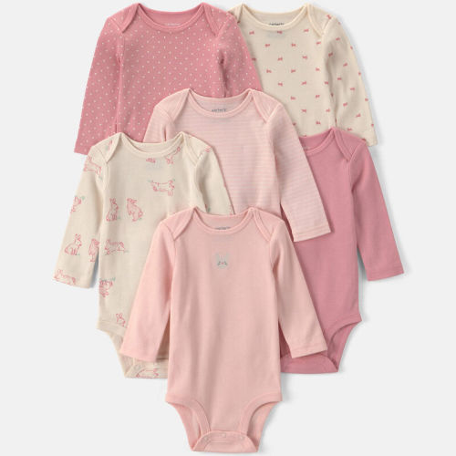 Baby Girl 6-Pack Bunny Long-Sleeve Bodysuits - Pink/Ivory | Carter’s Oshkosh Canada