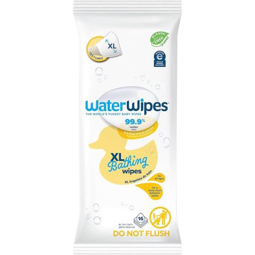 WaterWipes Plastic-Free XL Bathing Wipes for Toddlers & Babies, 99.9% Water Based Wipes, Unscented & Hypoallergenic for Sensitive Skin, 16 Count (1 pack), Packaging May Vary