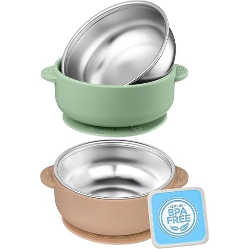 2 Pack Stainless Steel Toddler Suction Bowls for Baby Plates, 2-in-1 SUS304 Toddlers Bowl & Removable Silicone Suction Kids Bowl for Cereal | Snack | Anti-Scald Non-Toxic Suction Bowls