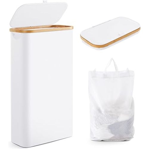 Slim Laundry Hamper with Lid by Fiona's magic, 63L Narrow Laundry Basket with Removable Bag, White Collapsible Dirty Clothes Basket, Thin Tall Storage Basket for Bathroom, Bedroom
