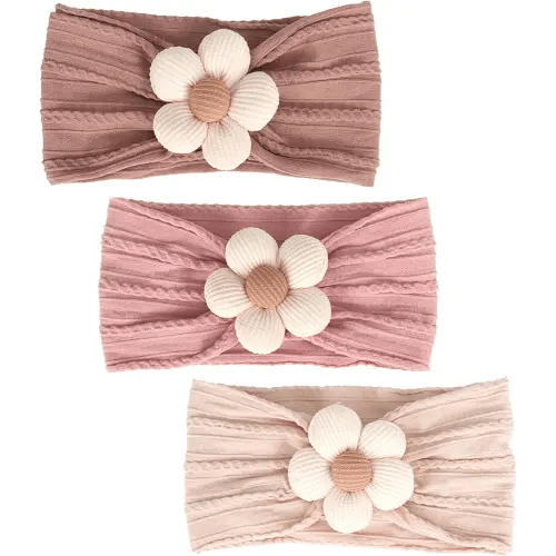 3 Pcs Baby Flower Headbands Baby Girls Nylon Headband Soft Hairbands Hair Accessories for Newborn Infant Toddler Kids (Beige Pink Khaki)