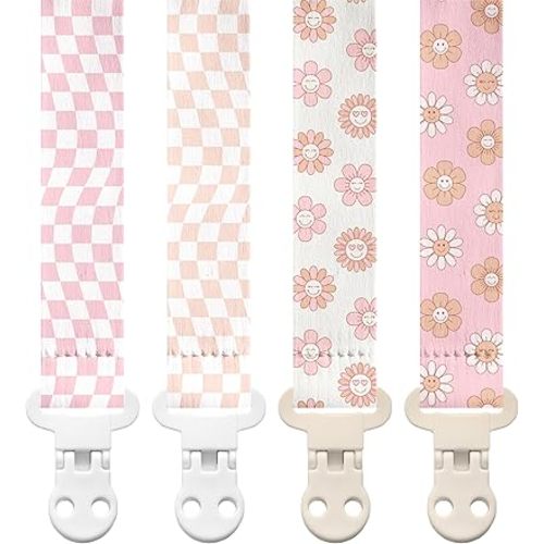 Stadela Baby Pacifier Clip Holder - Girl 4 Pack Gift Set – Retro Checker Smiley Flowers Floral Pink Beige Yellow
