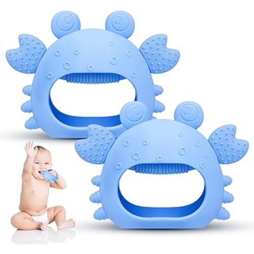 Anboor 2 Pack Baby Teething Toys, Silicone Teethers for Babies 0-6 Months Anti Dropping Hand Teether, Infant Baby Chew Toys for Teething Relief, for Newborn Soon-to-be Mothers (Blue,Crab)