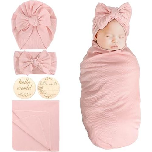 DRESHOW BQUBO Baby Girl Newborn Receiving Blankets with Bow Hat Headband Wooden Birth Announcement Card Set Newborn Baby Swaddle Wrap Set Warm Shower Gift