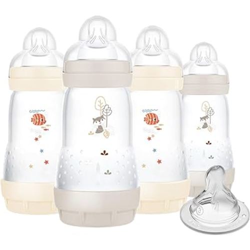 MAM 9oz Easy Start Anti-Colic Baby Bottles, Medium Flow with Bonus Fast Flow Nipple, Breastfeeding-Like Silicone, Reduces Colic and Gas, Easy-to-Clean, BPA-Free, 2 Plus Months