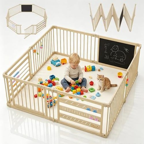 64x64in Foldable Wooden Baby Playpen with Gate, Child Safety Lock, Modular Indoor Play Yard with Suction Cups, Chalkboard & Activity Toys, Expandable Toddlers Playpens Great Gifts for Babies