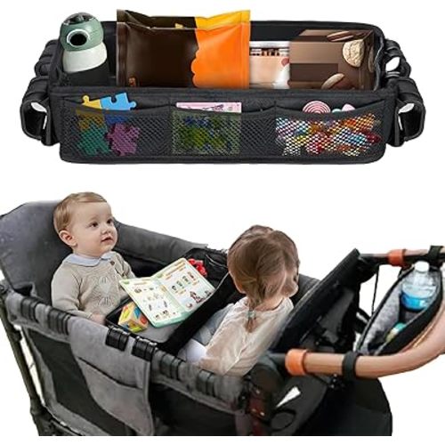Stroller Snack Tray for Wonderfold Wagon, Thickened Waterproof Faux Leather Wagon Accessories, Comes with Cup Holder and Storage Net Bag Universal Stroller Snack Tray（W2 Series ）