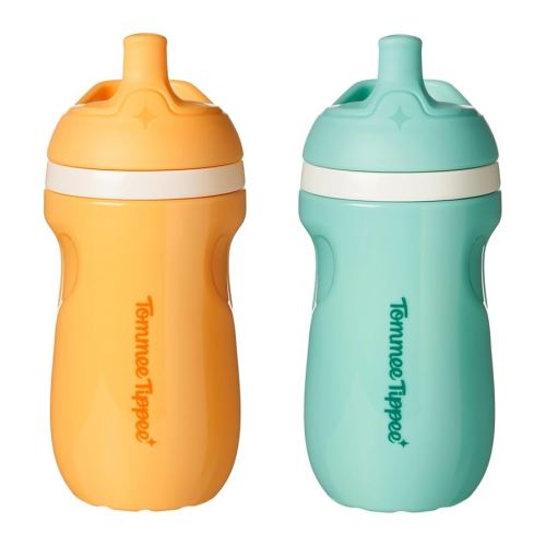 Tommee Tippee Insulated Sporty Spout Bottle, 9oz, No Spill Toddler Water Bottle for 12 Months +, Two-Piece Valve Helps Stop Spills, Blue and Orange, 2 Count