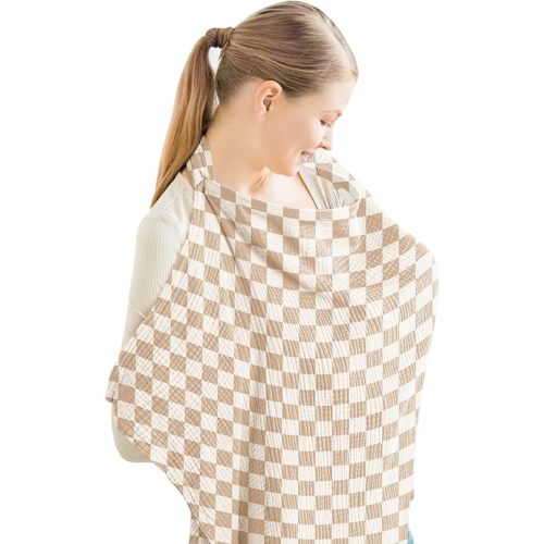 Konssy Muslin Nursing Cover for Baby Breastfeeding, Breathable 100% Cotton Breastfeeding Cover with Rigid Hoop for Mother Nursing Apron, Multi-use Carseat Canopy (Coffee Check)