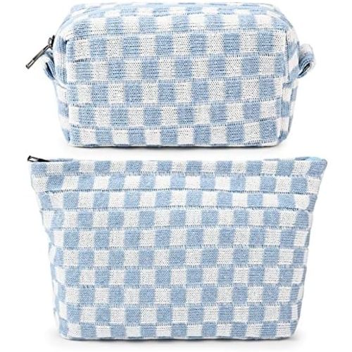 2 Pieces Makeup Bag Large Checkered Cosmetic Bag Capacity Canvas Mix Travel Toiletry Bag Organizer Cute Makeup Brushes Aesthetic Accessories Storage Bag for Women, Checkered Mix Blue