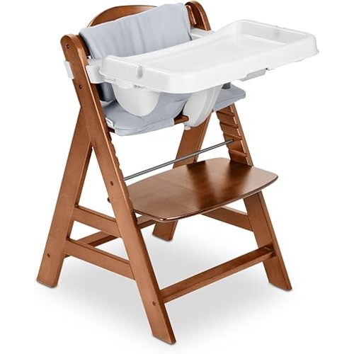 hauck Alpha+ Grow Along Wooden High Chair Seat with White Removable Tray Table and Grey Deluxe Seat Cushion Pad for Babies 6 Months and Up, White