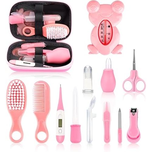Baby Grooming and Healthcare Kit, Infant Safety Care Set with Hair Brush Comb Nail Clipper Nasal Aspirator,Baby Essentials Kit for Newborn Girls Boys (13 in 1, Pink)
