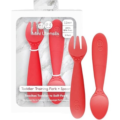 ezpz Mini Utensils - 12 Months+ (Fork & Spoon in Coral) - 100% BPA Free Fork and Spoon - Toddler Utensils - Designed by a Pediatric Feeding Specialist