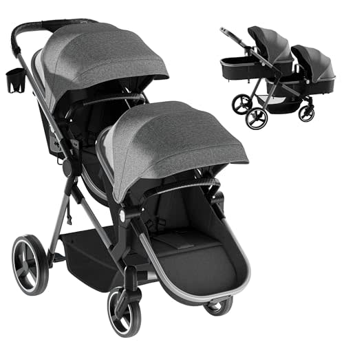 MU Double Stroller, Foldable Twin Tandem Stroller with Adjustable Backrest, Reversible Seat, 5-Point Harness, Storage Basket, Convertible Baby Bassinet for Infant and Toddler, Gray